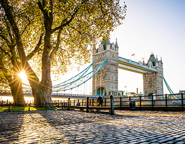 Tower Bridge i London i morgonsol, med träd och kullerstensgata i förgrunden.