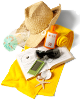 Strandtillbehör på en gul handduk, inklusive solhatt, solglasögon, solkräm, bok, snäckor och en mobiltelefon.