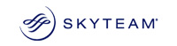 SkyTeam-logotyp med blå, stiliserad virvel och texten 'SkyTeam' i versaler.