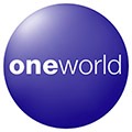 Oneworld-logotyp med vit text 'oneworld' i gemener på en blå, rund bakgrund.