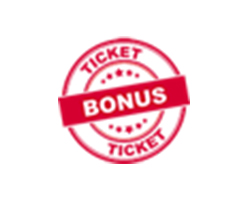 Röd stämpelliknande logotyp med texten "TICKET" och en banner över mitten med ordet "BONUS".
